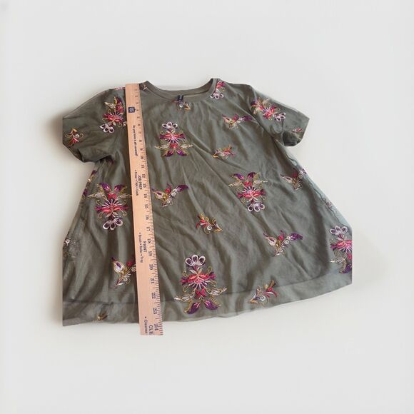 Massini Olive Green Mesh Women's Top Multicolor Floral Embroidery Layered Size S - Picture 10 of 10